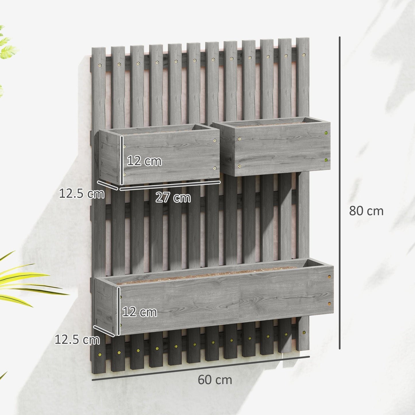 Wall-mounted Wooden Garden Planters with Trellis, Drainage Holes and 3 Planter Boxes for Patio, Grey-2
