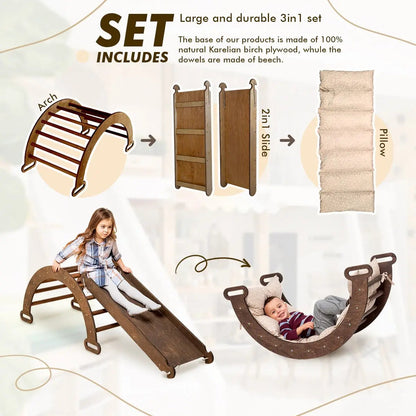 3in1 Montessori Climbing Set: Climbing Arch + Slide Board + Cushion – Chocolate-1