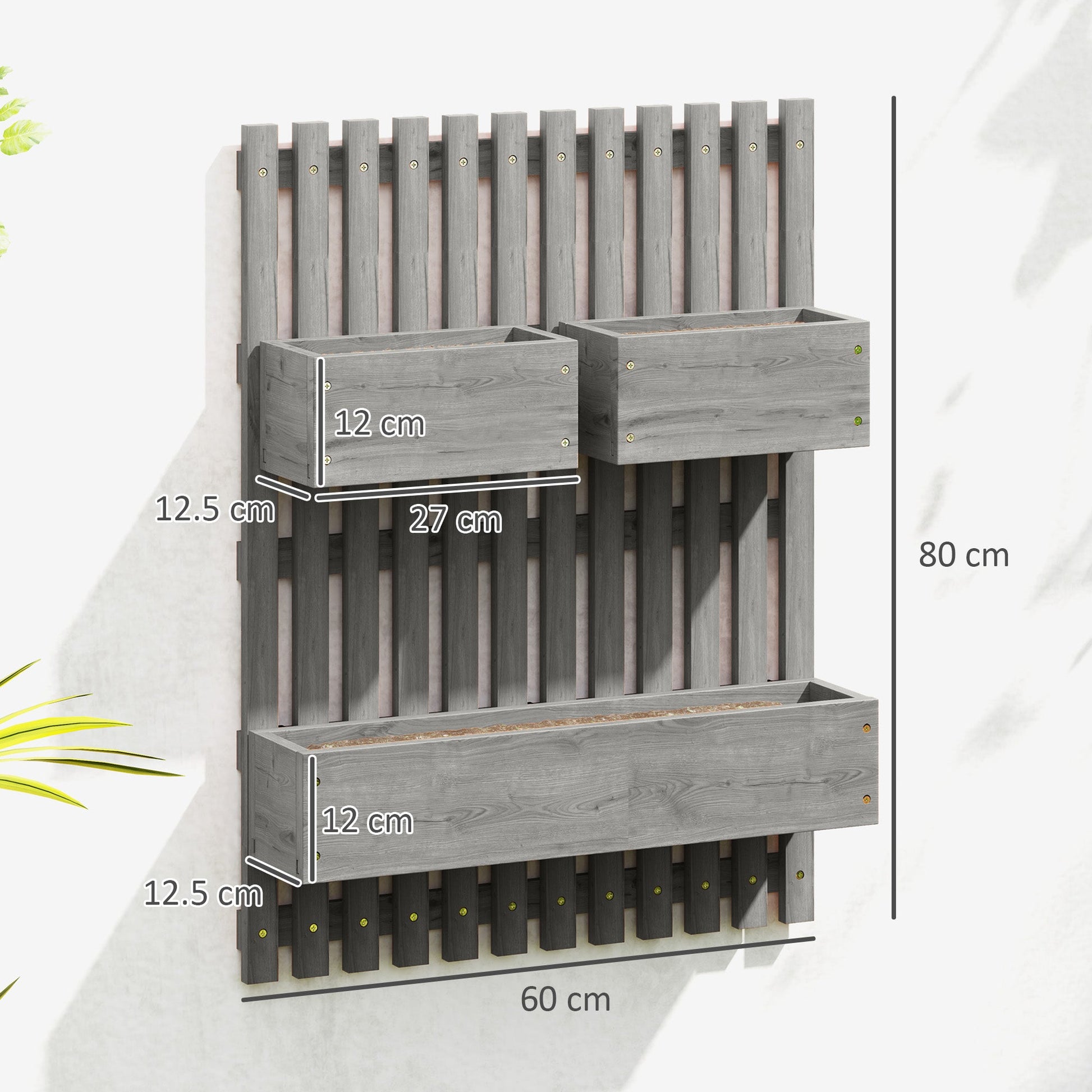 Wall-mounted Wooden Garden Planters with Trellis, Drainage Holes and 3 Planter Boxes for Patio, Grey-2
