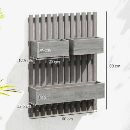 Wall-mounted Wooden Garden Planters with Trellis, Drainage Holes and 3 Planter Boxes for Patio, Grey-2