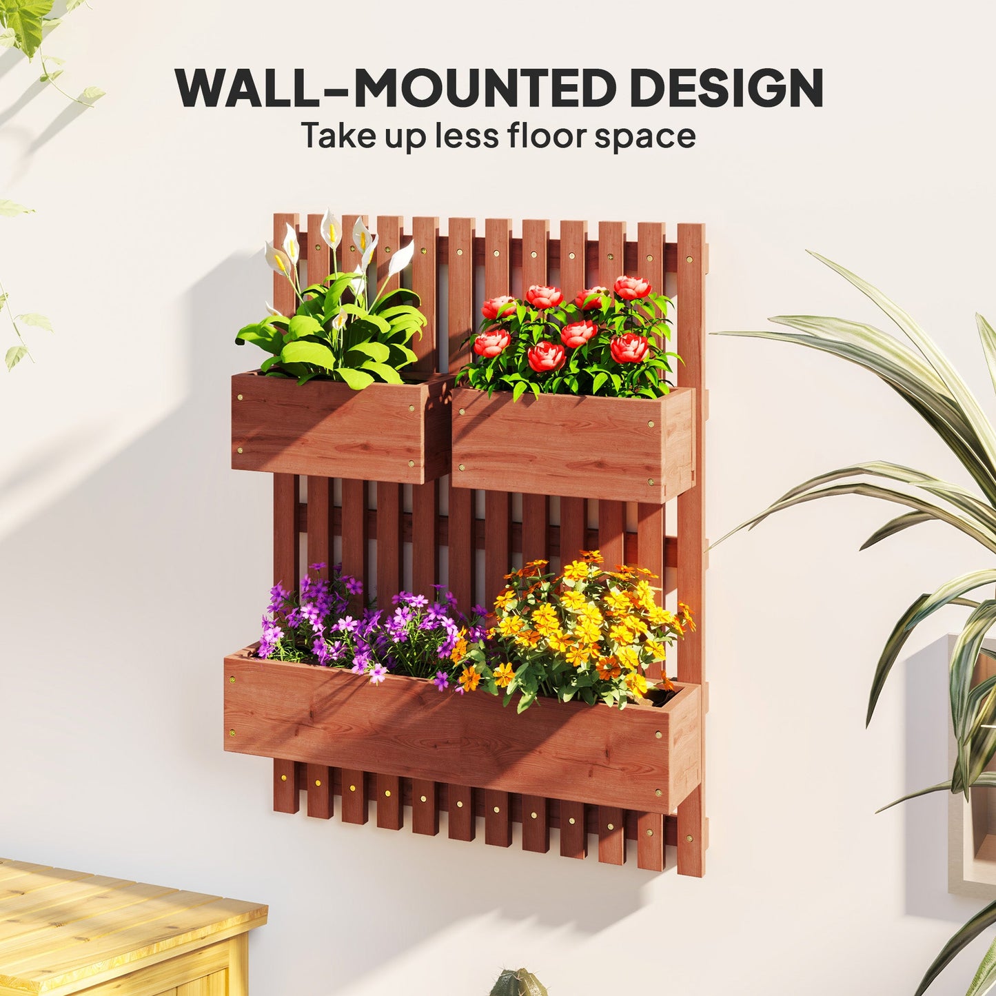 Wall-mounted Wooden Garden Planters with Trellis, Drainage Holes and 3 Planter Boxes for Patio, Brown-3