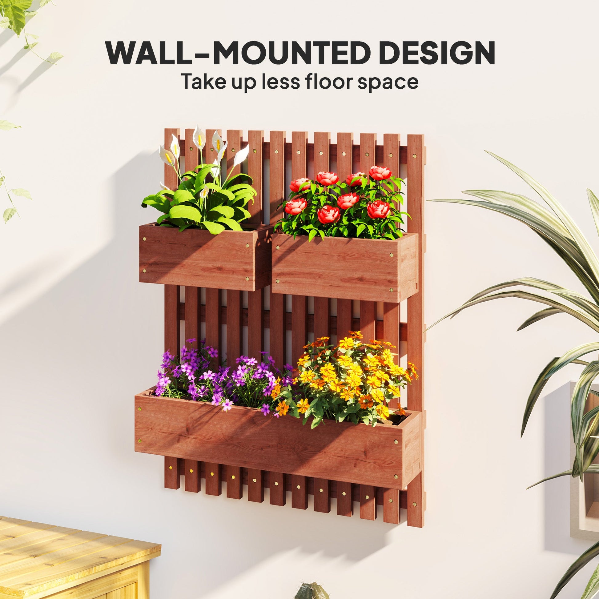 Wall-mounted Wooden Garden Planters with Trellis, Drainage Holes and 3 Planter Boxes for Patio, Brown-3