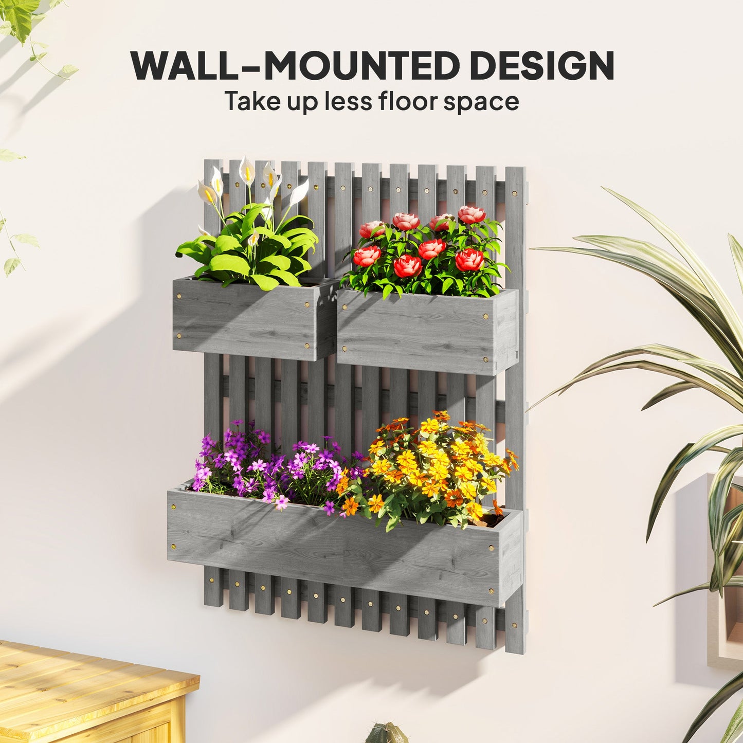 Wall-mounted Wooden Garden Planters with Trellis, Drainage Holes and 3 Planter Boxes for Patio, Grey-3
