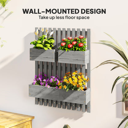 Wall-mounted Wooden Garden Planters with Trellis, Drainage Holes and 3 Planter Boxes for Patio, Grey-3