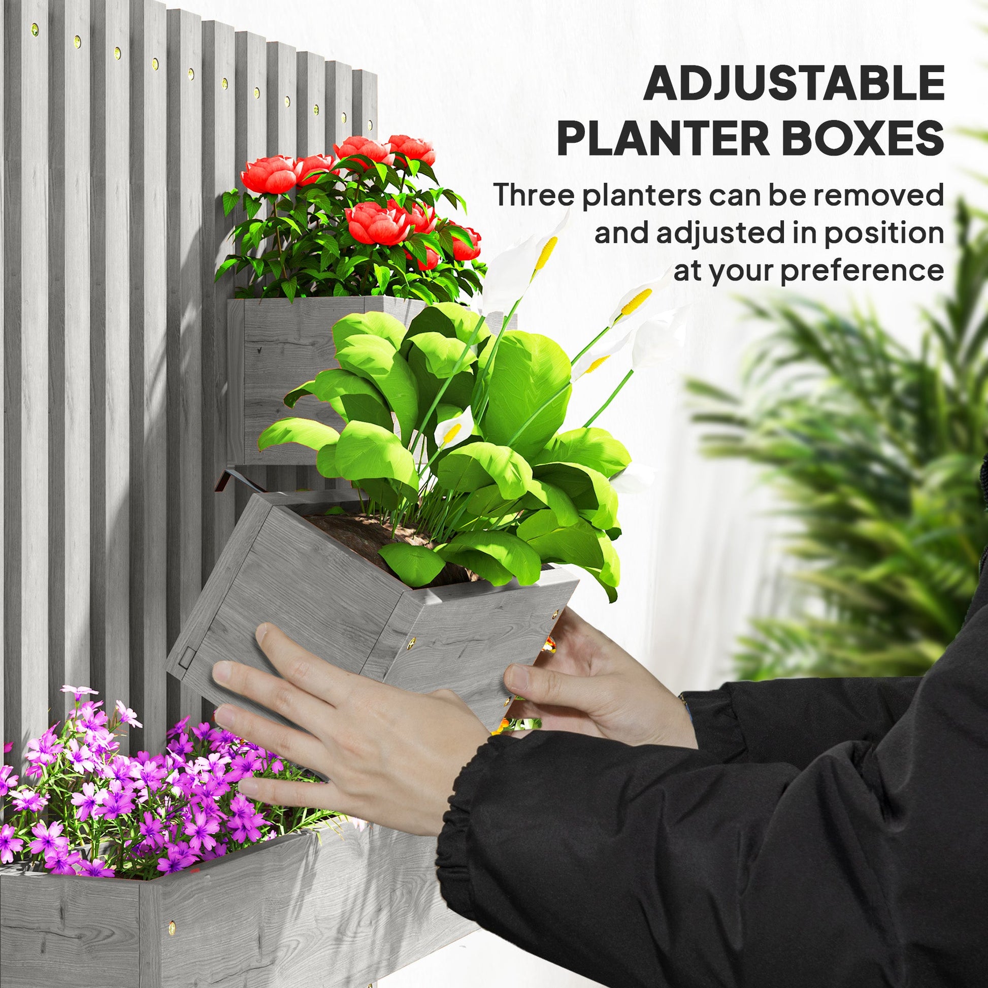 Wall-mounted Wooden Garden Planters with Trellis, Drainage Holes and 3 Planter Boxes for Patio, Grey-4