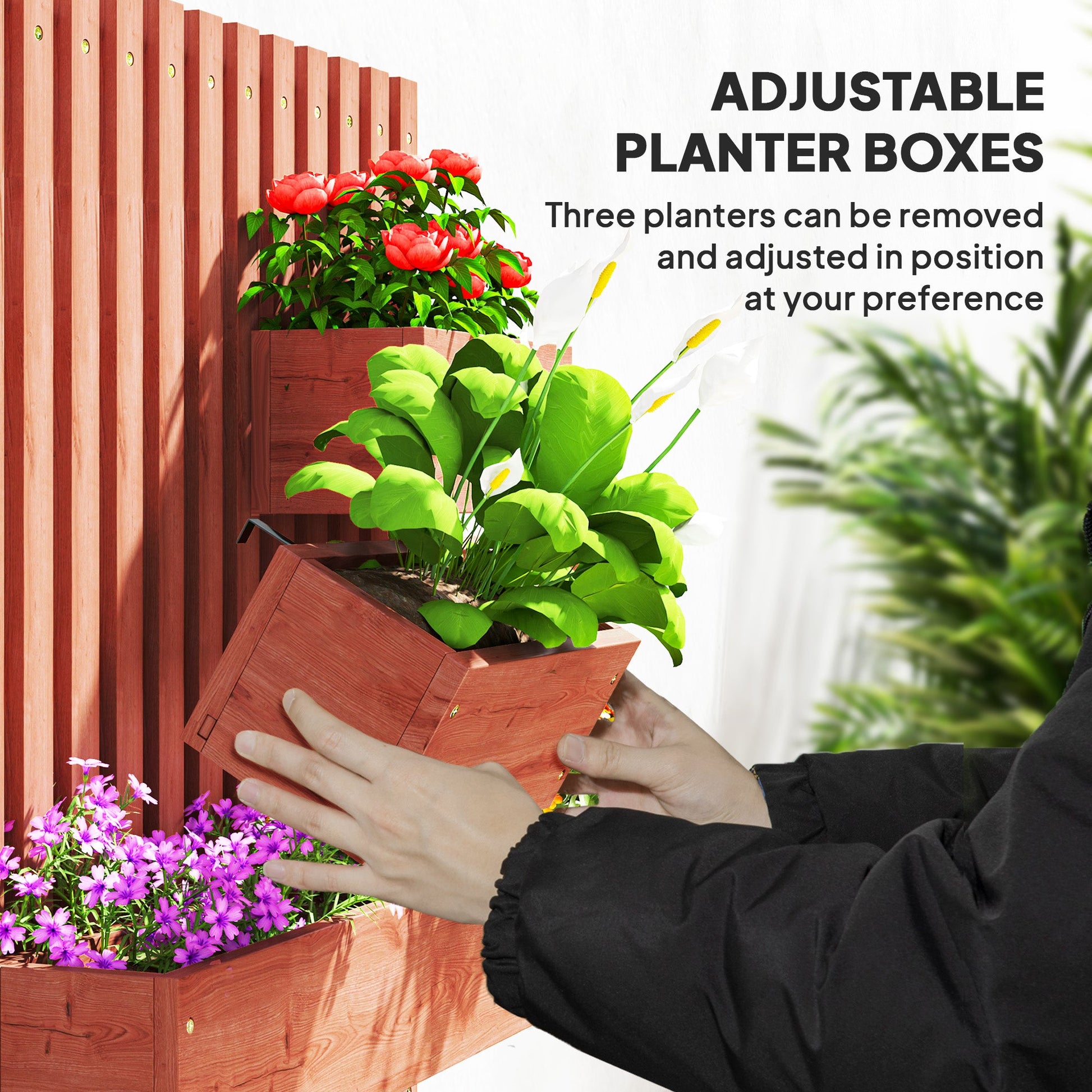 Wall-mounted Wooden Garden Planters with Trellis, Drainage Holes and 3 Planter Boxes for Patio, Brown-4