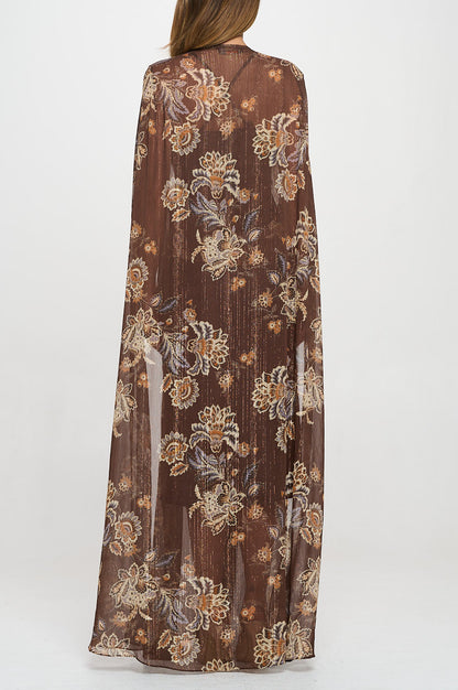 Floral Sheer Draped Long Kimono Cardigan with Front Tie-3