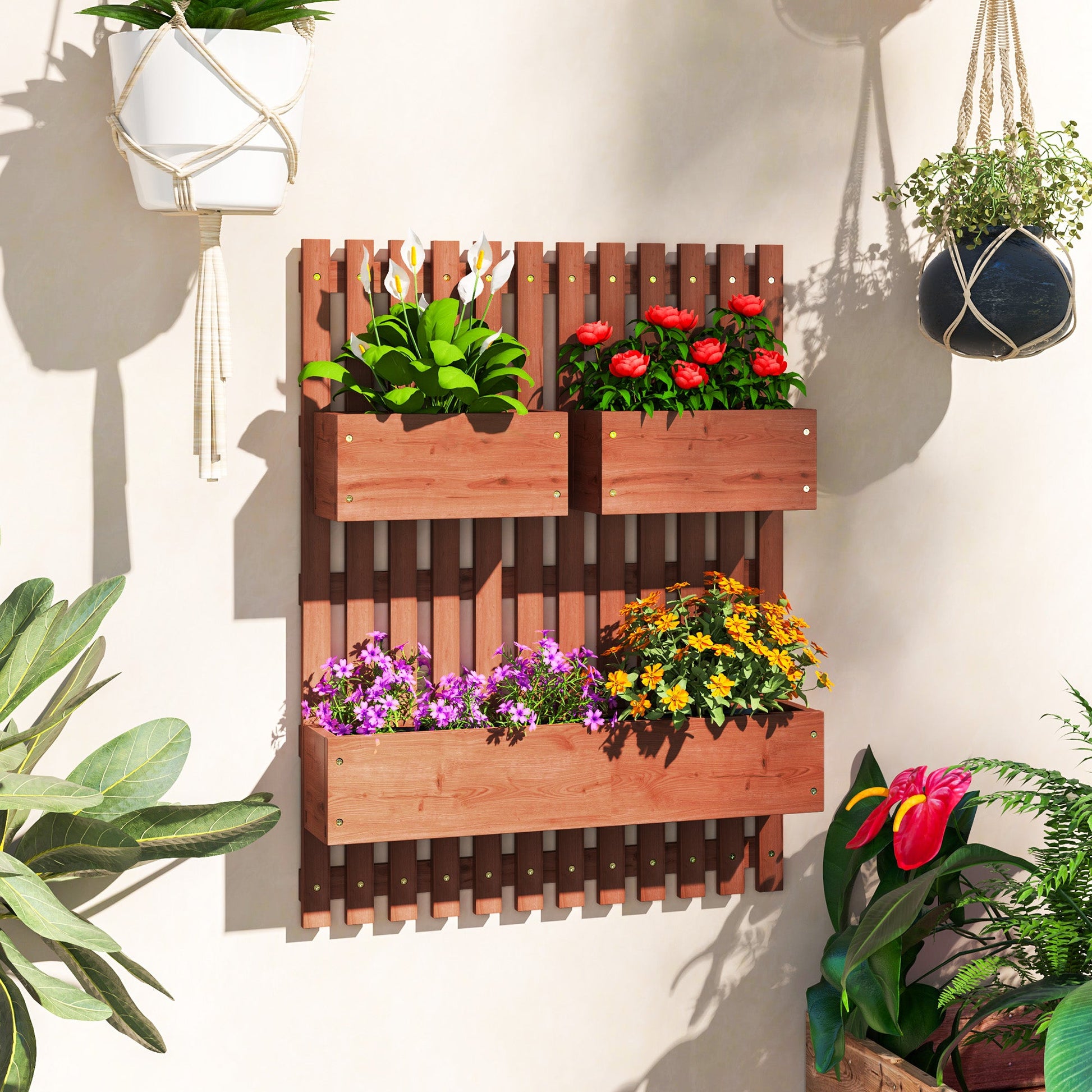 Wall-mounted Wooden Garden Planters with Trellis, Drainage Holes and 3 Planter Boxes for Patio, Brown-1
