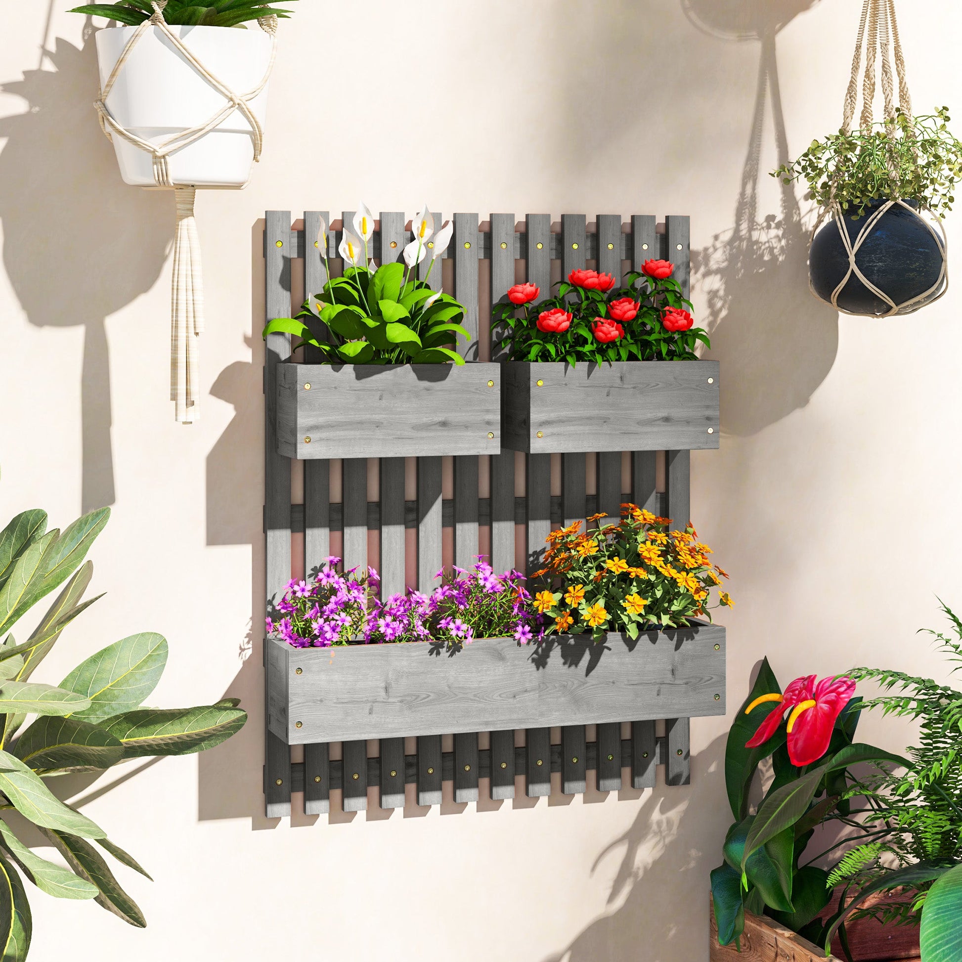 Wall-mounted Wooden Garden Planters with Trellis, Drainage Holes and 3 Planter Boxes for Patio, Grey-1