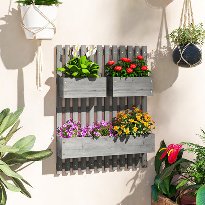 Wall-mounted Wooden Garden Planters with Trellis, Drainage Holes and 3 Planter Boxes for Patio, Grey-1